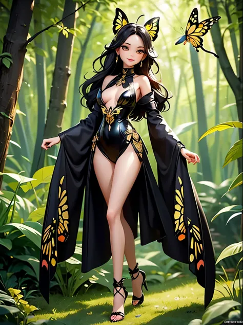 Super high resolution、Super high quality、8K、Detailed details、marvelous expression、1 female、Wearing a black and gold full-body bodysuit with a swallowtail butterfly motif、Glowing Accessories、Show a beautiful smile、Slender and tall woman、small chest、Slender ...