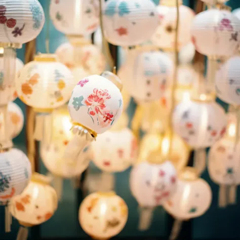 there are many white paper lantern hanging from the ceiling, colorful lantern, colorful paper lantern, lantern, chinese lantern, with paper lantern, hanging lantern, glowing paper lantern, glowing lantern, evening lantern, Beautiful lit lamp, Beautiful kaw...