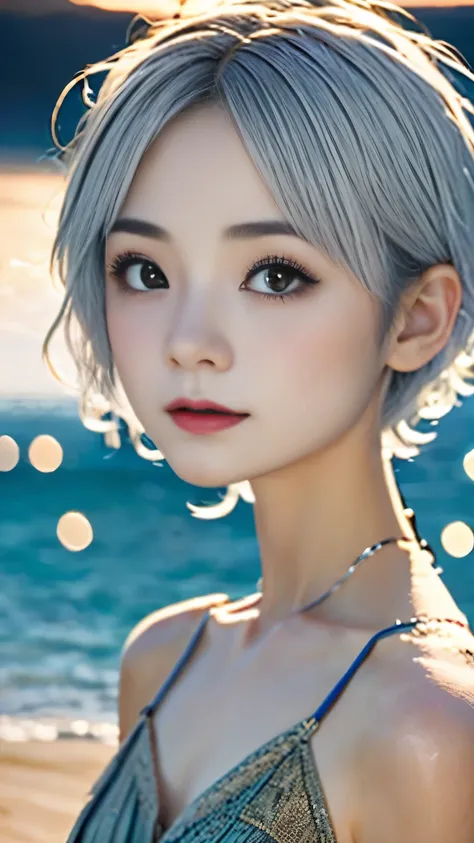 one girl、small face、cute face、ash gray hair、bobbed hair、short hair、Camera gaze、small breasts、An ennui look、camisole、dress、particles of light、Sunset Sea、calm sea、white sand beach、Very beautiful sunset、RAW photo、highest quality、High resolution、high resolutio...