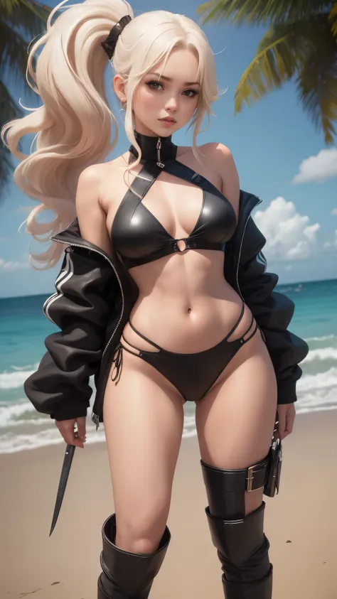 1girl as a bikini model, anime, cabelos brancos, black bikini, Botas pretas de coxa, Tonificado, Personagem estilo anime solo, Torso Tiro, foco na clivagem