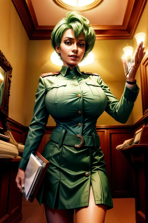 Frederica Greenhill, 25 years old, shortcut, green hair, lieutenants long skirt uniform, Have a clipboard, talking on intercom, Inside the spaceship, giga_busty