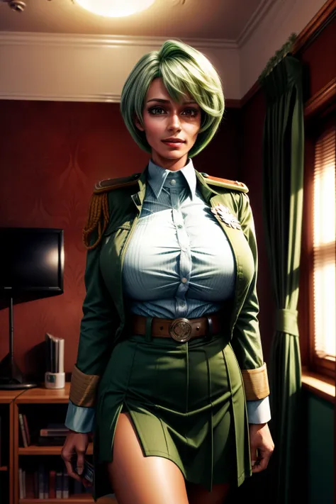 Frederica Greenhill, 25 years old, shortcut, green hair, lieutenants long skirt uniform, Have a clipboard, talking on intercom, Inside the spaceship, giga_busty