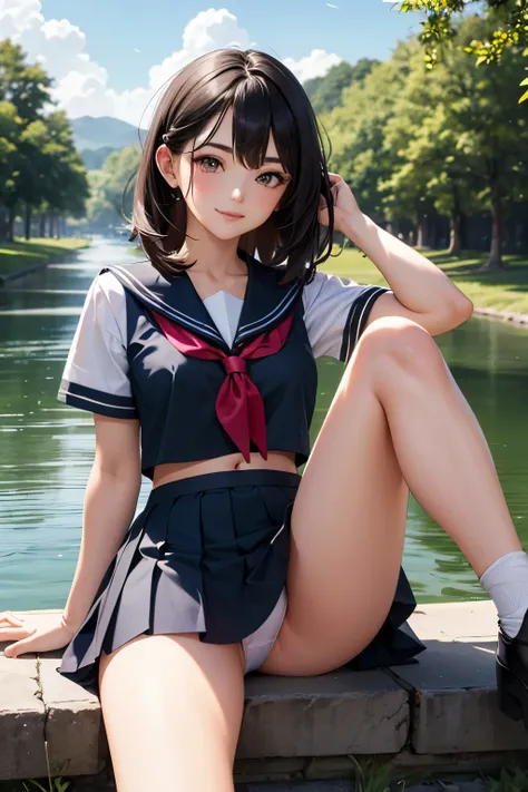 very cute and beautiful girl,teen,(highly detailed beautiful face and eyes:1.2), (smile),sailor school uniform,pleated navy blue mini skirt, sitting,spread legs,white panties,dynamic angle,looking at viewer,black hair, flower garden,river side,bridge,trees...