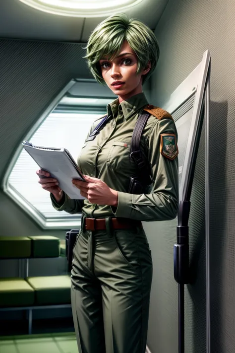 Frederica Greenhill, 25 years old, shortcut, green hair, lieutenants pants uniform, Have a clipboard, talking on intercom, Inside the spaceship