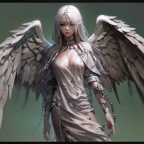 ((highest quality)),(ultra high resolution),(Super detailed),(detailed description),((best CG)),(best work of art),super precision art,great drawing art,(Fantasy art with precise details:1.5), (1 Female Angel:1.6),beautiful and well-shaped face:1.6 sadness...