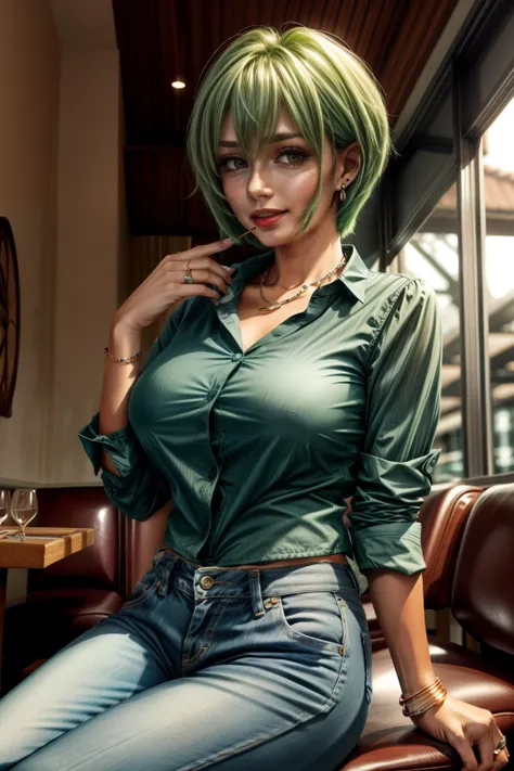 Frederica Greenhill, 25 years old, shortcut, green hair, wearing a blue casual shirts and pants fashion at a casual restaurant, sitting on chair , earrings, necklace, ring, bracelet, giga_busty