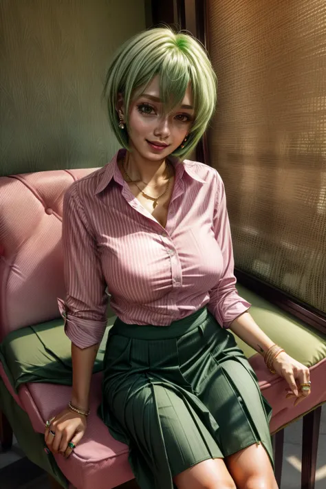 Frederica Greenhill, 25 years old, shortcut, green hair, wearing a pink casual shirts and long skirts fashion at a casual restaurant, sitting on chair , earrings, necklace, ring, bracelet, giga_busty