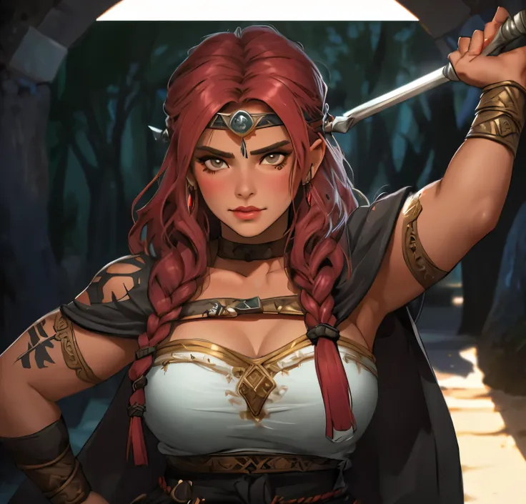 um close de uma mulher com uma espada e um grande machado, viking feminino, retrato de uma barbarian woman, barbarian woman, val...