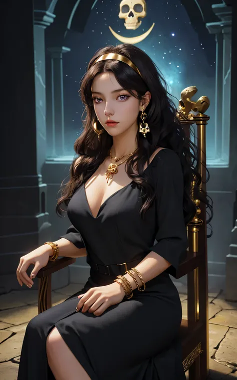 1 girl, solo, details, masterpiece, best quality, photorealistic realism, beautiful girl, long hair, black curly hair, skull headband,  gold earrings, purple eyes, beautiful face, skull necklace, perfect body, large breast, open chest, black long dress, sk...