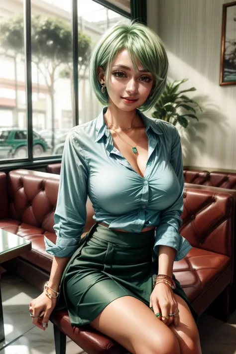 frederica greenhill, 25 years old, shortcut, green hair, wearing a light blue casual shirts and long skirts fashion at a casual ...