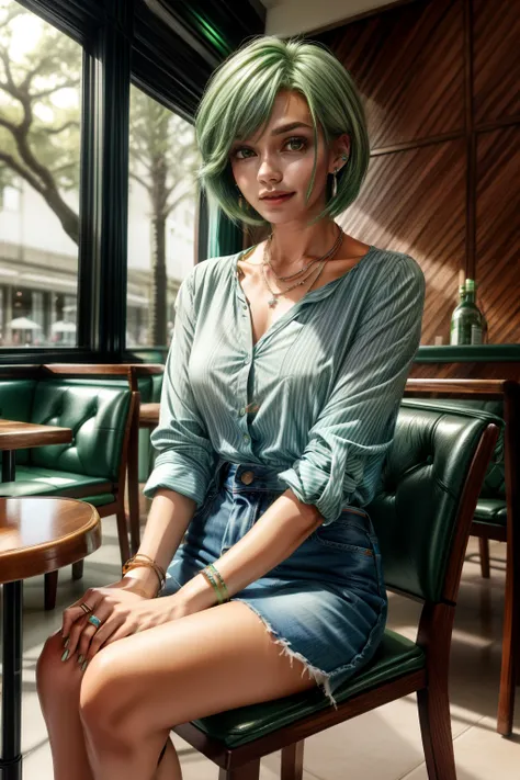 Frederica Greenhill, 25 years old, shortcut, green hair, wearing a light Blue casual shirts fashion at a casual restaurant, sitting on chair , earrings, necklace, ring, bracelet, 