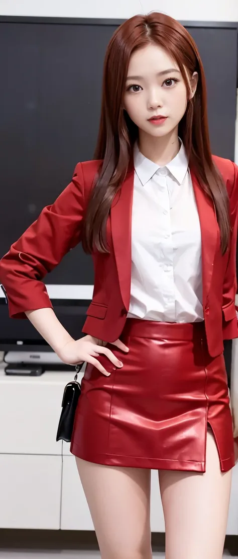 young woman、red tight miniskirt business suit、long red-brown hair、、good style、Micro mini skirt with slit、whole body、cool look