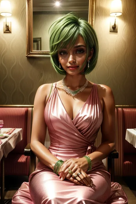 Frederica Greenhill, 25 years old, shortcut, green hair, wearing a pink long evening dress at a high class restaurant, sitting on chair , earrings, necklace, ring, bracelet,