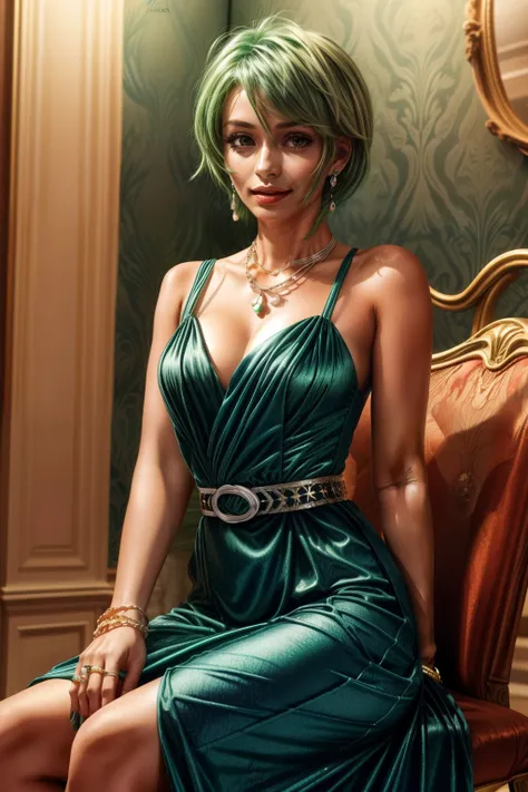 frederica greenhill, 25 years old, shortcut, green hair, wearing a blue evening dress at a high class restaurant, sitting on cha...