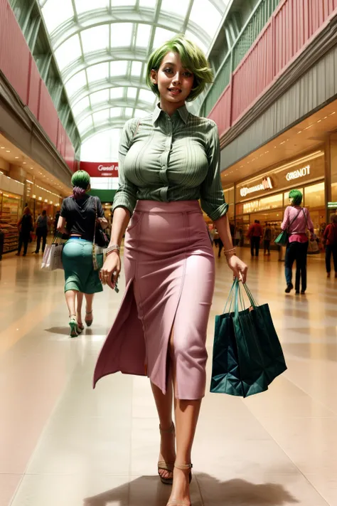 Frederica Greenhill, 25, short cut, green hair, shopping in a mall, Giga_Busty, wears casual pink maxi skirt fashion