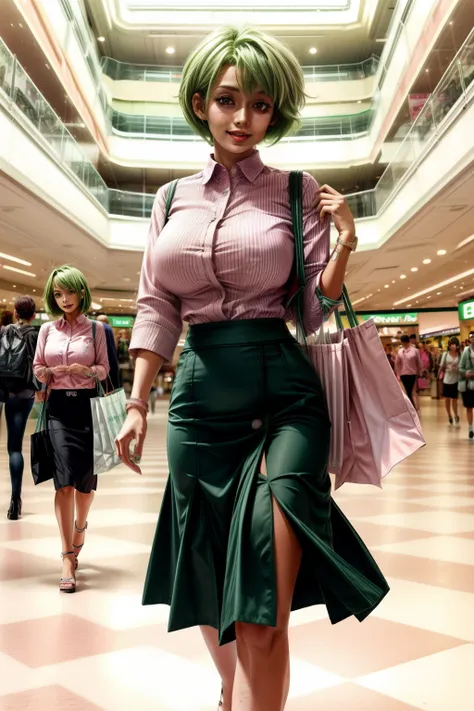 Frederica Greenhill, 25, short cut, green hair, shopping in a mall, Giga_Busty, wears casual pink long skirt fashion