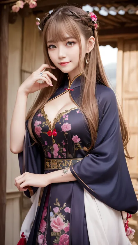 realistic, High resolution, 1 female, hip up, beautiful eyes, ring-shaped eyes, jewelry, tattoo, Hanfu, chinese fairy, Taoist uniform、cleavage、smile