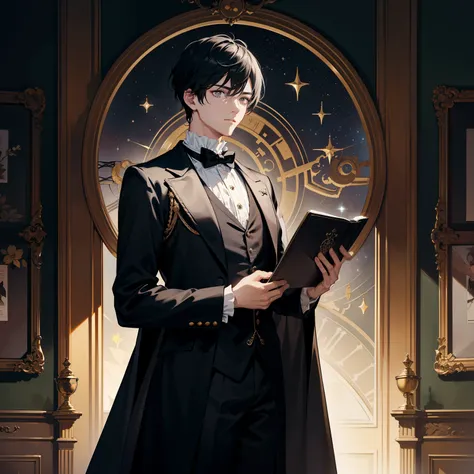 High-quality cover art, intricately detailed and semi-realistic, Victorian style, principally colored black and silver, adorned with stars and clocks. The main character, a young Korean man with short black hair and white bangs, and dark eyes, wears a Vict...