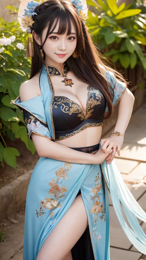 realistic, High resolution, 1 female, hip up, beautiful eyes, ring-shaped eyes, jewelry, tattoo, Hanfu, chinese fairy, Taoist uniform、cleavage、smile