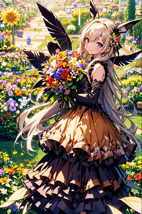 disorganized, High resolution, (official art, beautiful and aesthetic:1.2), (close view:1.2), front composition, 
1 girl, (long hair:1.2), Black and blonde two-tone color、wavy hair, smile, (bunny girl costume)I&#39;ll give you a bouquet of flowers、grab var...