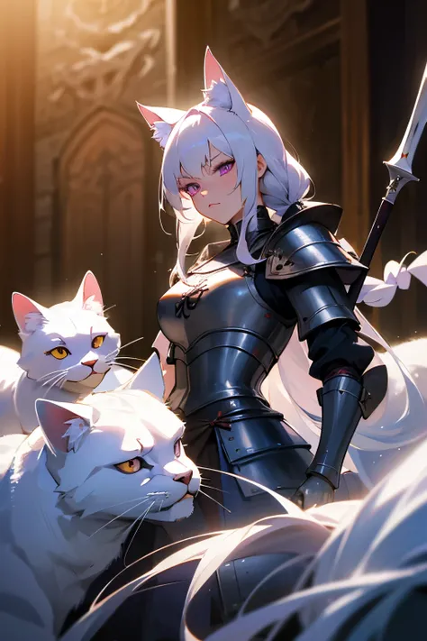 master masterpiece, 4k, highly detailed, woman, mature woman, cat ears, white hair, hair braids, white hair, white fur, dark purple eyes, archer, medieval, armor, medival armor, serious, long bow, bow, Clear focus, slender body, hard lighting，vivd colour.