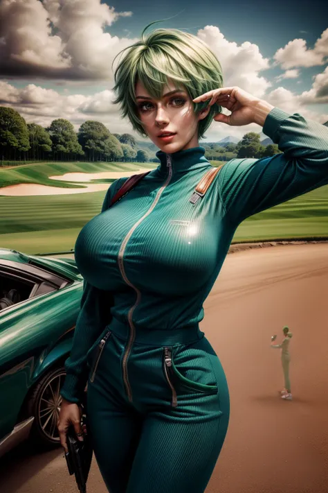 Frederica Greenhill, 25, short cut, green hair, shoots hand gun at a driving range,  Giga_Busty, wears blue jumpsuits