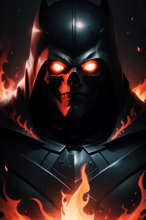 dark knight, skeleton warrior, red flame, black aura, portrait, cinematic lighting.