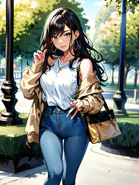 (masterpiece:1.2, best quality), 1 lady, alone, Upper body, big , dark tight jeans, Oversized sweater, ankle boots, loose waves, center part, Simple hoop earrings, (In the park)