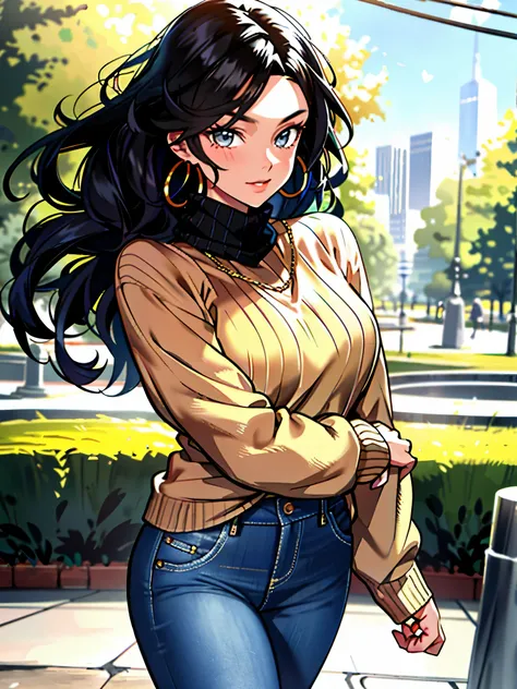 (masterpiece:1.2, best quality), 1 lady, alone, Upper body, big , dark tight jeans, Oversized sweater, ankle boots, loose waves, center part, Simple hoop earrings, (In the park)