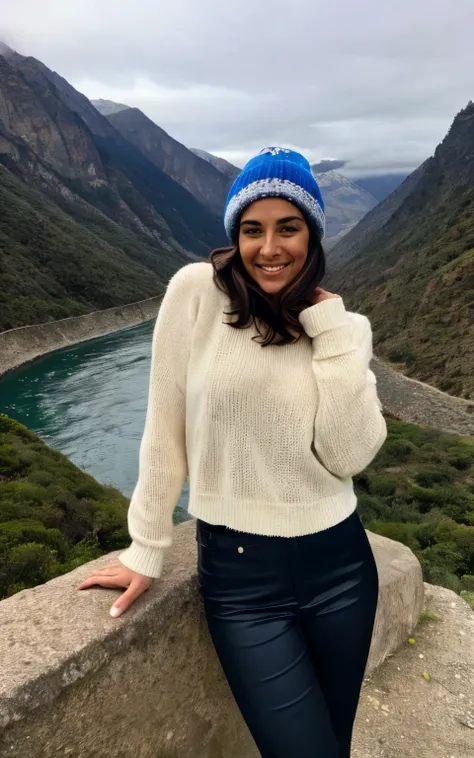 Photography, Foto de Beautiful Woman, autofoto, parte superior del cuerpo, Solo, vistiendo jersey, al aire libre, (noche), mountains, Naturaleza de la vida real, estrellas, Luna, alegre, feliz, guantes, sweater, gorro, bosque, rocas, river, madera, fumar, ...