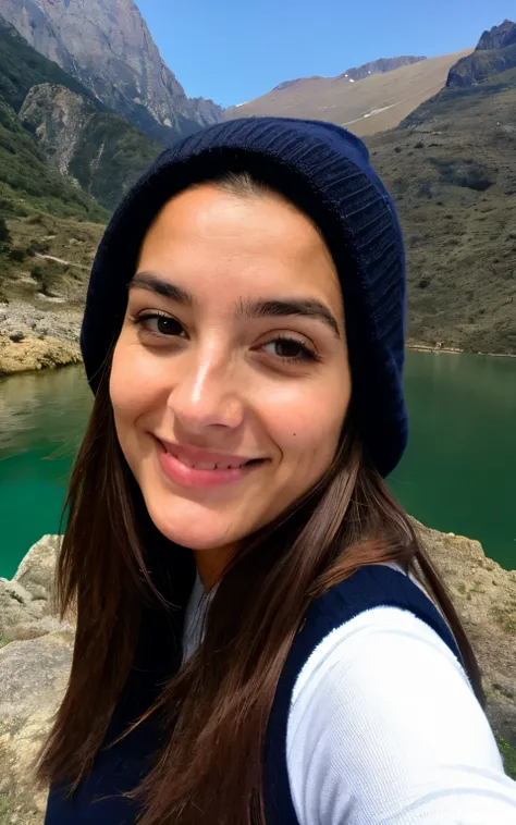 Photography, Foto de Beautiful Woman, autofoto, parte superior del cuerpo, Solo, vistiendo jersey, al aire libre, (noche), mountains, Naturaleza de la vida real, estrellas, Luna, alegre, feliz, guantes, sweater, gorro, bosque, rocas, river, madera, fumar, ...