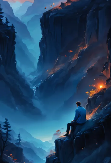 sad man is sitting at cliff with beautiful view on nature at night, middle down placing of sad man, man from behind, blue style,...