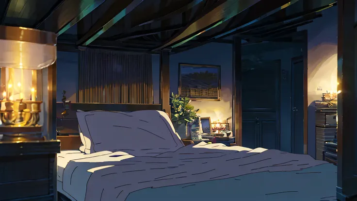 **Prompt para a Cena Relaxante Estilo Lofi - Quarto Aconchegante com Velas:**
Descreva um quarto decorado com extremo aconchego, where candles are strategically lit, criando uma atmosfera calorosa e relaxante. Detalhe a lareira crepitante no canto, projet...