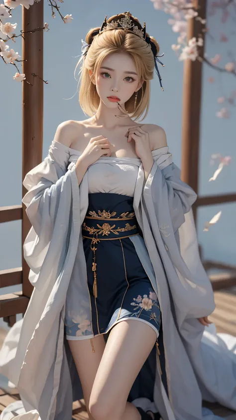 Shangcang, 1 girl, blonde hair, White background, have, skirt, 蓝色shoe类, wing, simple background, sign, flower, nail polish, wide sleeves, long sleeves, blush, animal, white flower, alone, whole body, bird, looking at the audience, 高跟shoe, Put your hands on...