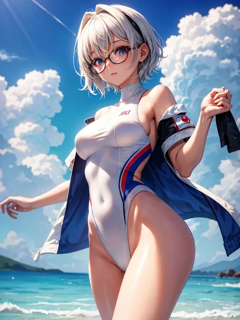 Top quality 8K UHD、pieces fly、cute eyes、Glasses、White competitive swimsuit、White latex high neck competitive swimsuit、white metallic high neck swimsuit、Glasses、short hair、Glassesをかけた短髪の銀髪美女、wet skin、Breast augmentation、Put your hands behind your hips