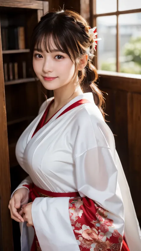 (highest quality,8K quality,masterpiece:1.3),(ultra high resolution,photorealistic:1.4,Live shooting),(Super detailed,caustics),(ultra-realistic capture,Beautifully detailed skin),(Shrine precincts),(white and red shrine maiden costume),18-year-old,Japanes...