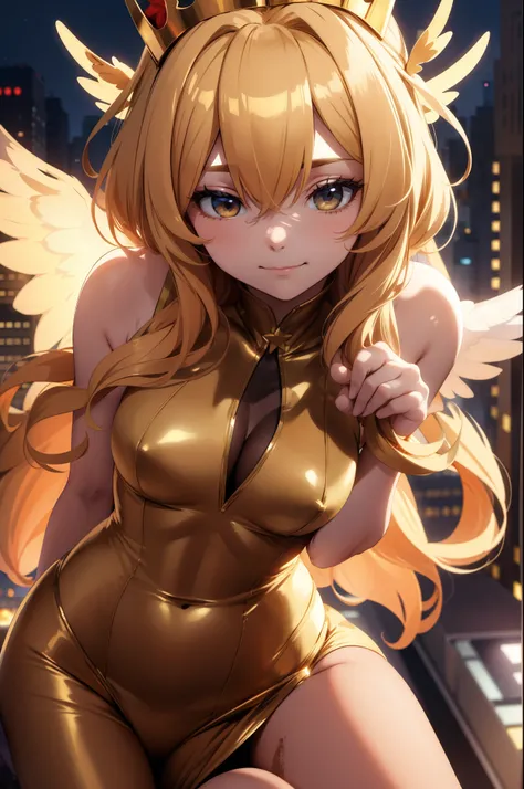 Aerial View，giant girl 50,000 feet high，Weight 1000kg，Has a pair of huge golden angel wings，With huge devil horns on his head，Has waist-length golden hair，loose hair，Big wavy blonde curls，Golden crown，Wearing a pair of gold Mary Jane heels，Gold lace gloves...