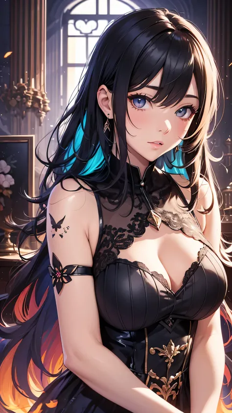 最high quality、best image quality、masterpiece、teenage girl((18-year-old、 By becoming、vest bust、medium bust,wide open breast tea、black eye, colorful hair、long hair、thin,highest valley、toned chest、Multicolored costumes)),high quality、beautiful art、background(...