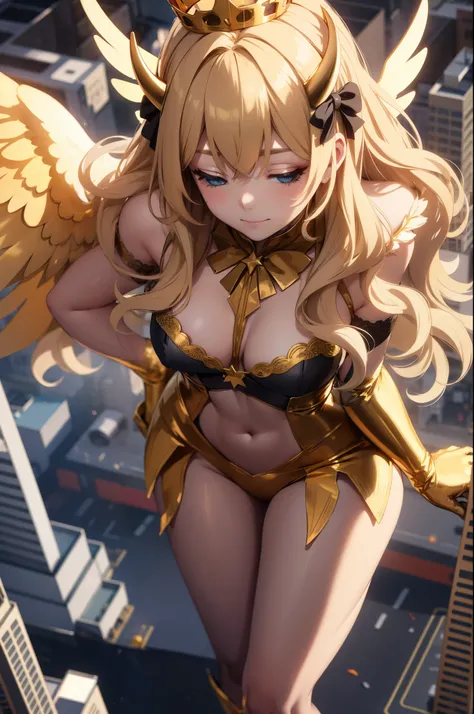 Aerial View，giant girl 50,000 feet high，Weight 1000kg，Has a pair of huge golden angel wings，With huge devil horns on his head，Has waist-length golden hair，loose hair，Big wavy blonde curls，Golden crown，Wearing a pair of gold Mary Jane heels，Gold lace gloves...