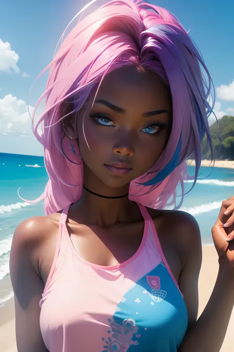 Dark skin tone mi surprise with a 17 year old girl with pink hair with charcoal brown skin, e com casaco azul e rosa  com uma saia  azul e com meias longas azul com  olhos azuis com qualidade anime 2D