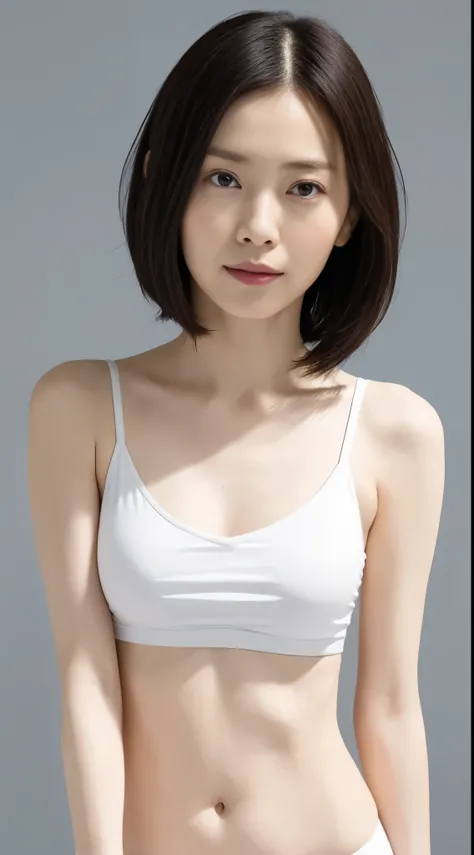 Japanese, Women of short stature, petite physique, Medium build, medium height, slightly plump, Short arms, single eyelid, long slit eyes, Ephemeral atmosphere, 30-year-old girl, black bob hair, ((thin lips)), white top and bottom underwear, muste piece, b...