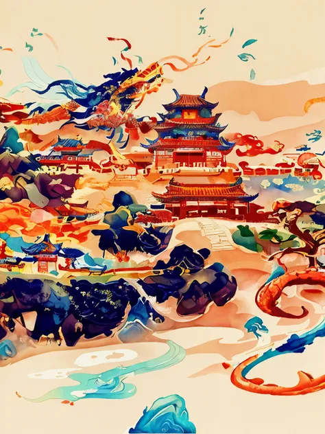 watercolor dragon tower, chinese watercolor style, chinese style, chinese painting style, chinese art style, watercolor illustra...