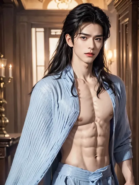 in style of Delphin Enjolras, character concept design, half body， (male character design），（Melancholic handsome Chinese man Pan An is looking at the camera t close-up：1.37），（Pan An wears modern and fashionable men&#39;s blue sweater suit pants：1.37），Pan A...