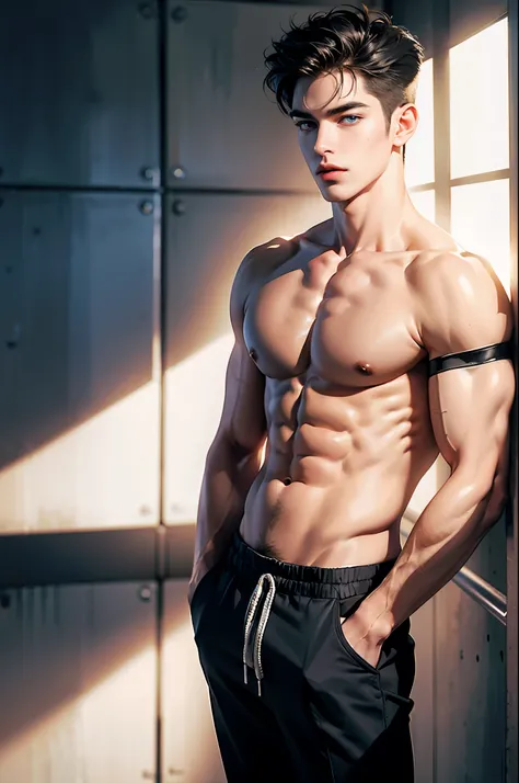 (1boy), solo, (1 male), 18-years-old, supermodel, (full body shot: 1.2), hot, handsome, (big sized chest: 1.4), toned physique, broad shoulders, (beautiful rack: 1.2), oshare kei, (detailed facial features: 1.3), shiny eyes, (beautifully detailed eyes: 1.5...