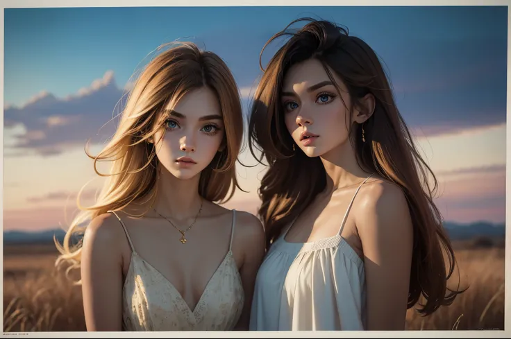 (masterpiece), (best quality), photography, 2girls, two girls, portrait, side look portrait, winning award photography, messy hair, windy, outdoor, sunset, sexy dress