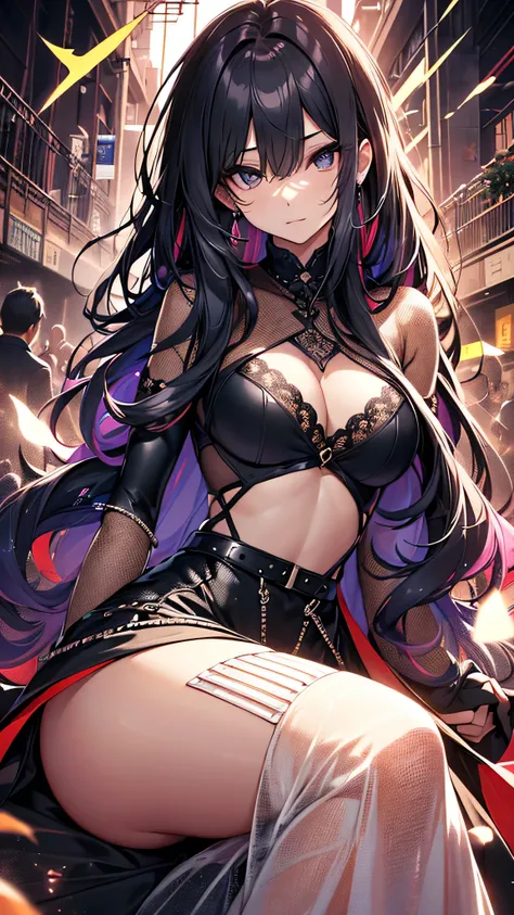 最high quality、best image quality、masterpiece、teenage girl((18-year-old、 By becoming、vest bust、medium bust,wide open breast tea、black eye, colorful hair、long hair、thin,highest valley、toned chest、black dress、black long skirt)),high quality、beautiful art、back...