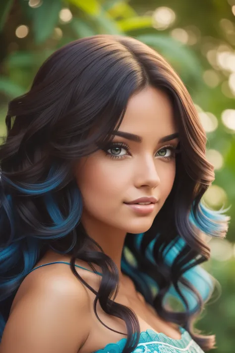 Create a captivating female character with Brazilian features, her hair boasting a casually tousled blue hue called "cabelo cacheado." Her clear complexion, or "pele clara," radiates with a natural glow. Her deep brown eyes, "olhos castanhos," captivate wi...