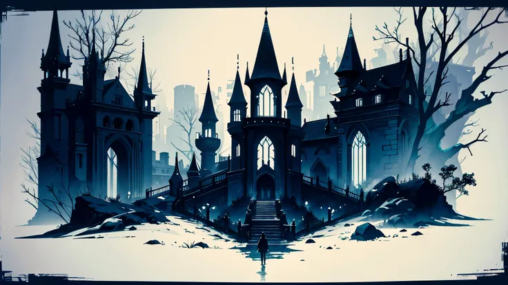 Panorama of a dark forest and a vampire castle with wrought iron gates, линейный drawing, gradient black-gray from bottom to top, drawing, sharp lines, styled by Abigail Larson