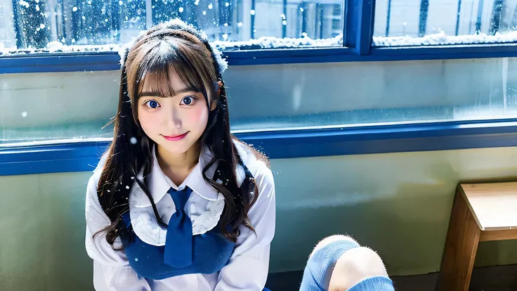 Cute high school girl 18 years old wearing a light blue miniskirt uniform、The background is inside the classroom、I can see snow outside the window