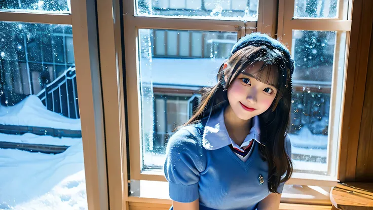 Cute high school girl 18 years old wearing a light blue miniskirt uniform、The background is inside the classroom、I can see snow outside the window